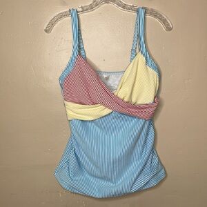 LANDS’ END Swimsuit Tankini Wrap Top Red White Blue Seersucker Underwire Support